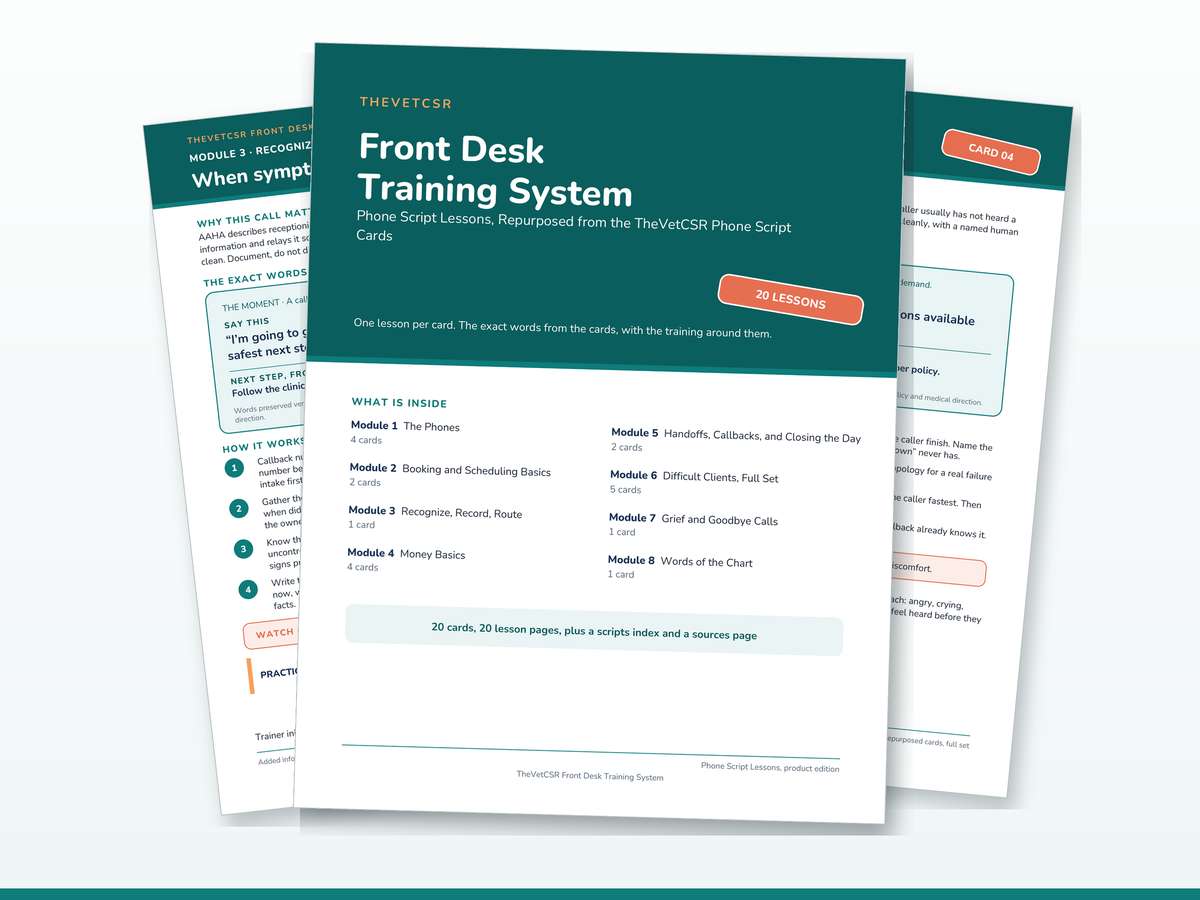 The Front Desk Training System workbook, printed: cover fanned over lesson pages