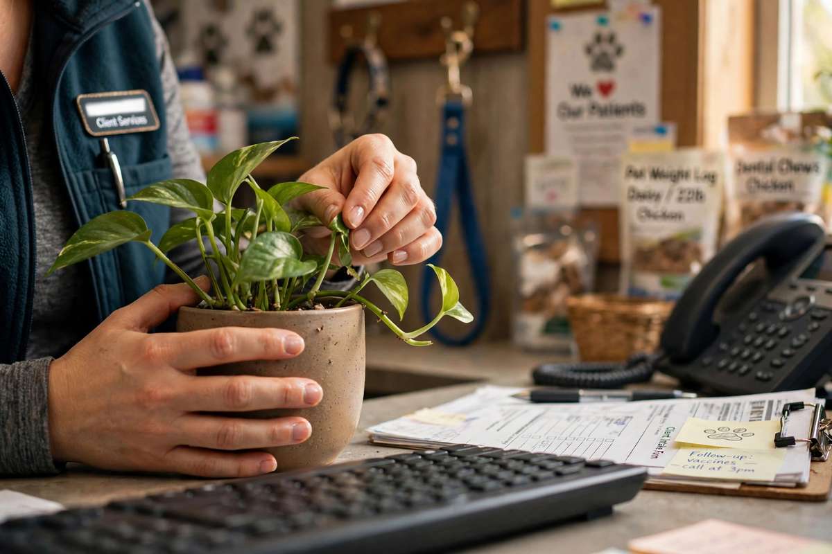 Veterinary client service representative caring for a small plant at the clinic front desk, symbolizing stress relief and compassion care.